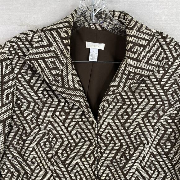 Chico's Jacket Sz 2 Womens L Brown Geometric Print Textured Lined Career Blazer - Picture 2 of 11